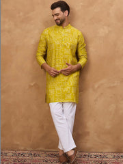 Ethnic Bay Men Yellow Viscose Rayon Ethnic Motifs Printed Straight Kurta With Pant Set-MKSET1542