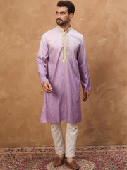 Ethnic Bay Men Purple Silk Blend Solid Embroidered Straight Kurta With Pant Set-MKSET1487