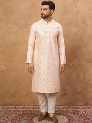 Ethnic Bay Men Peach Silk Blend Solid Embroidered Straight Kurta With Pant Set-MKSET1431