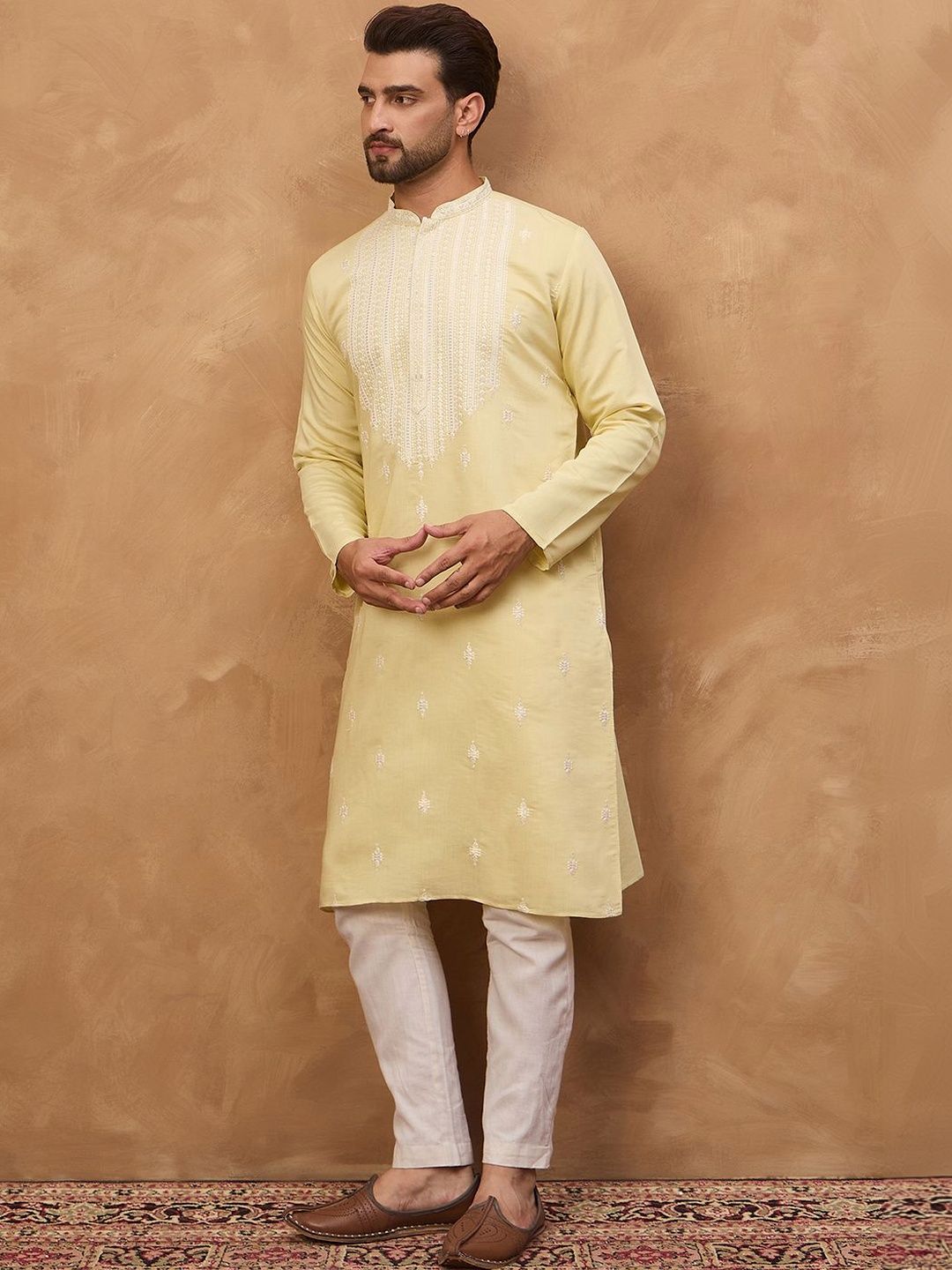Ethnic Bay Men Yellow Silk Blend Solid Embroidered Straight Kurta With Pant Set-MKSET1509