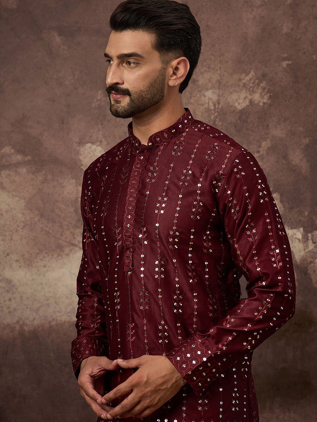 Ethnic Bay Men Maroon Silk Blend Solid Embroidered Straight Kurta With Pant Set-MKSET1361