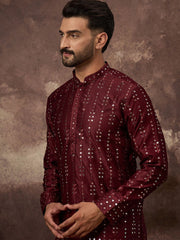Ethnic Bay Men Maroon Silk Blend Solid Embroidered Straight Kurta With Pant Set-MKSET1361