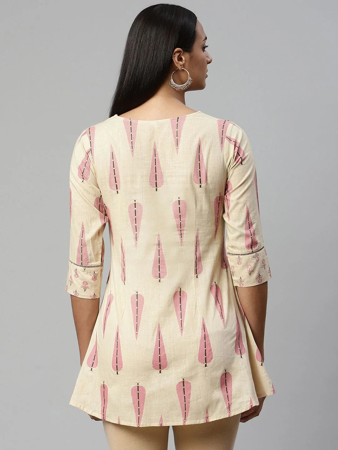 Beige Printed Cotton Tunic Top - Indian Kurtis for Ladies