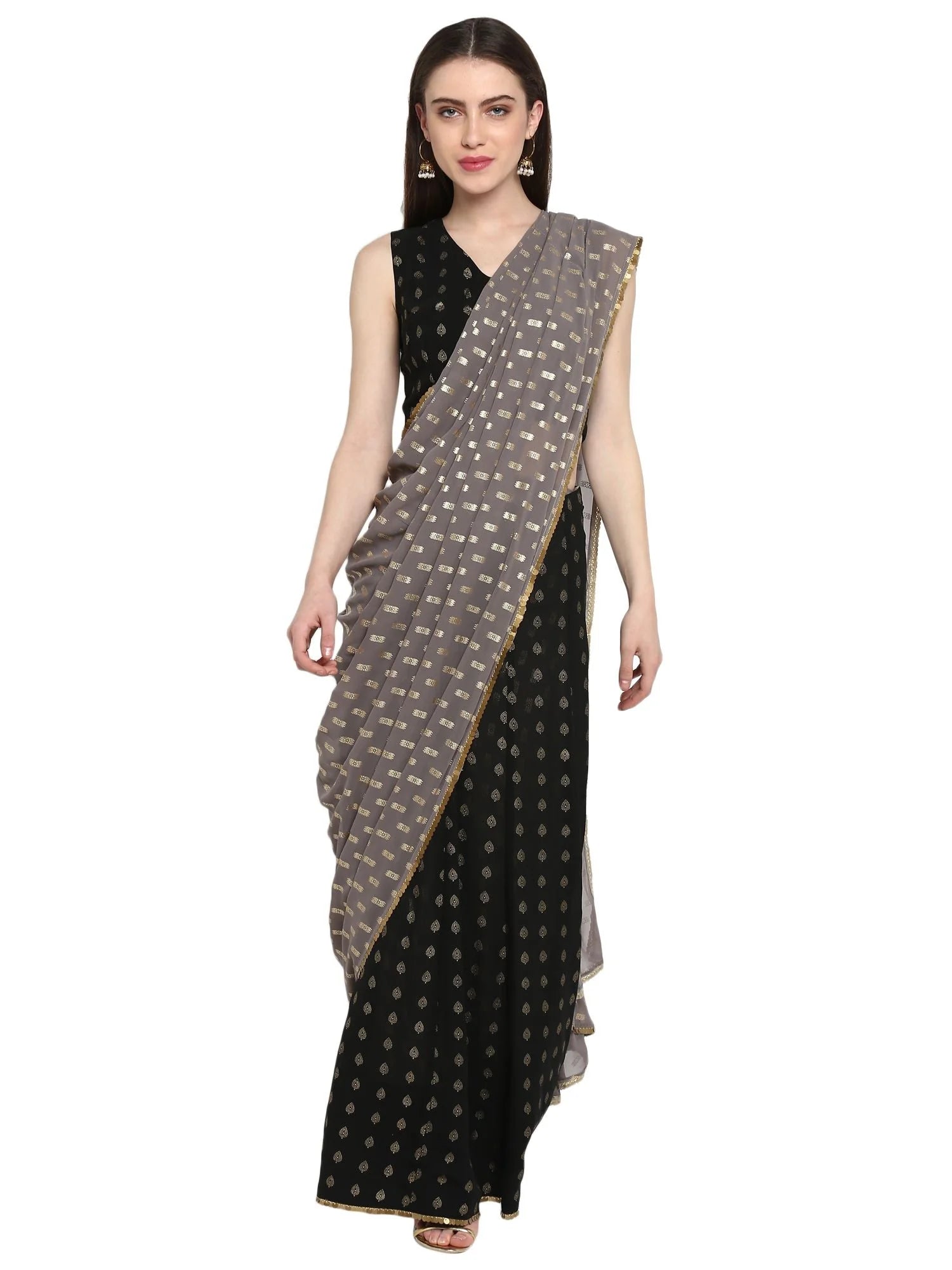 Black Georgette Foil Print Ready to Wear Saree | Indian Sari