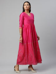 Pink Crepe Printed Maxi Dress-AHDRCHKP-953