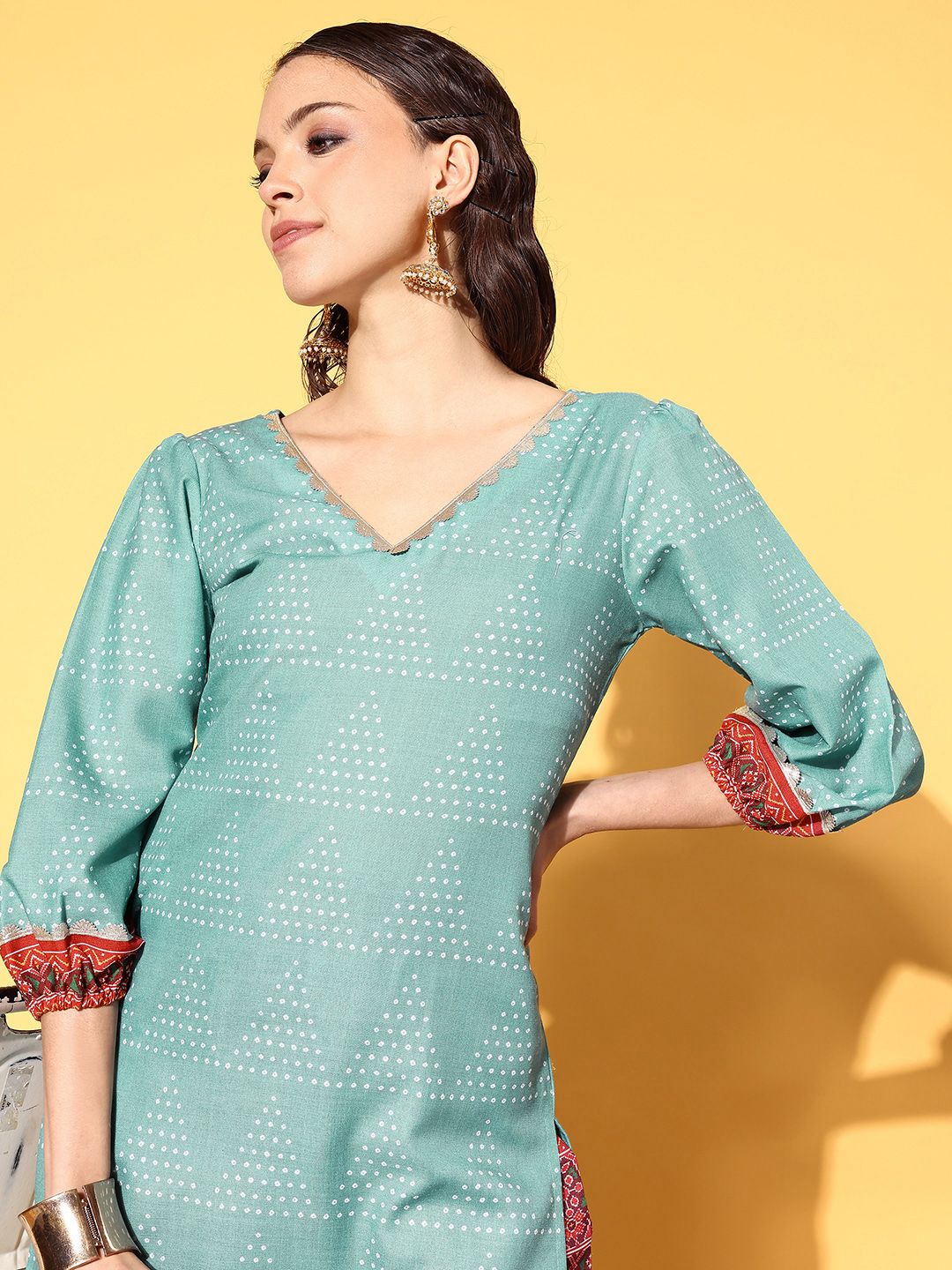 Teal Cotton Blend Printed Kurta Pant Set | Women's Kurta Sets