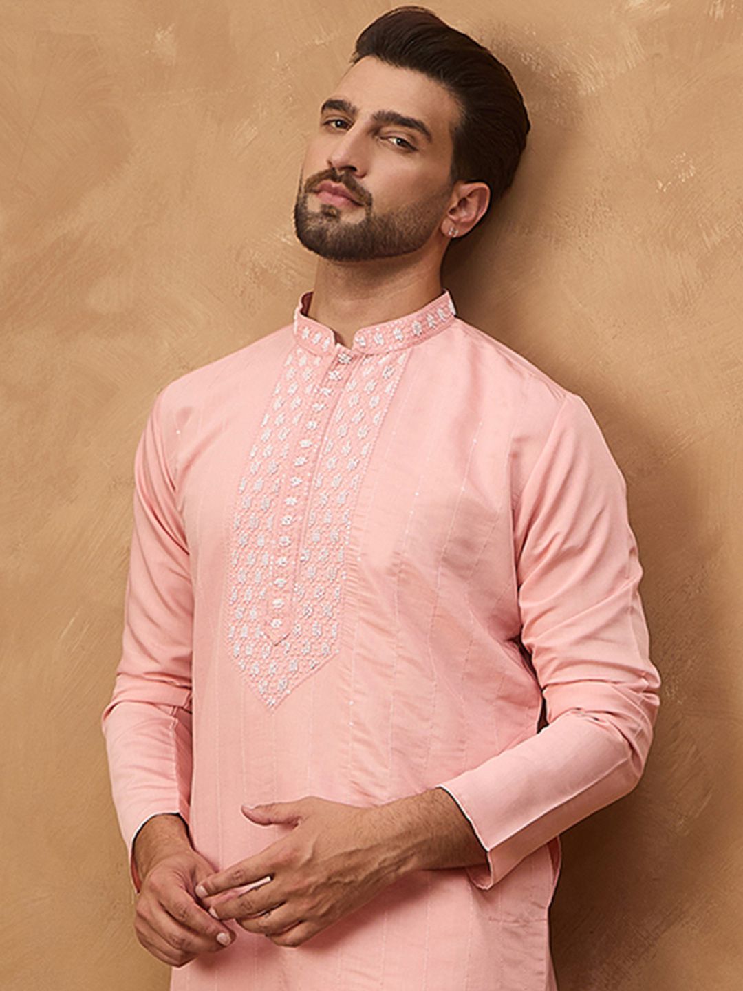 Ethnic Bay Men Peach Silk Blend Solid Solid Straight Kurta With Pant Set-MKSET1506