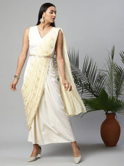 Off White Georgette Saree Dress With Printed Pallu-AHDRCRGRFP-954