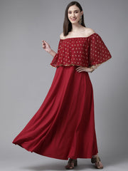 Maroon Cotton Blend Gold Printed Dress-AHDRGRFP-925