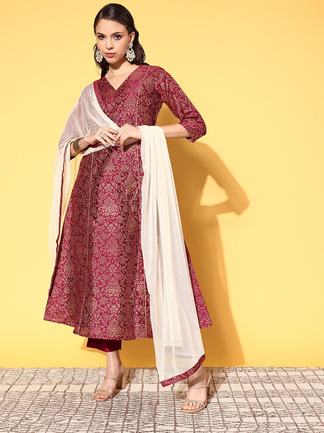 Wine Colour Poly Silk Gold Paste Printed Kurta Pant Set-AHKUDUPN-COMBO-373-FF