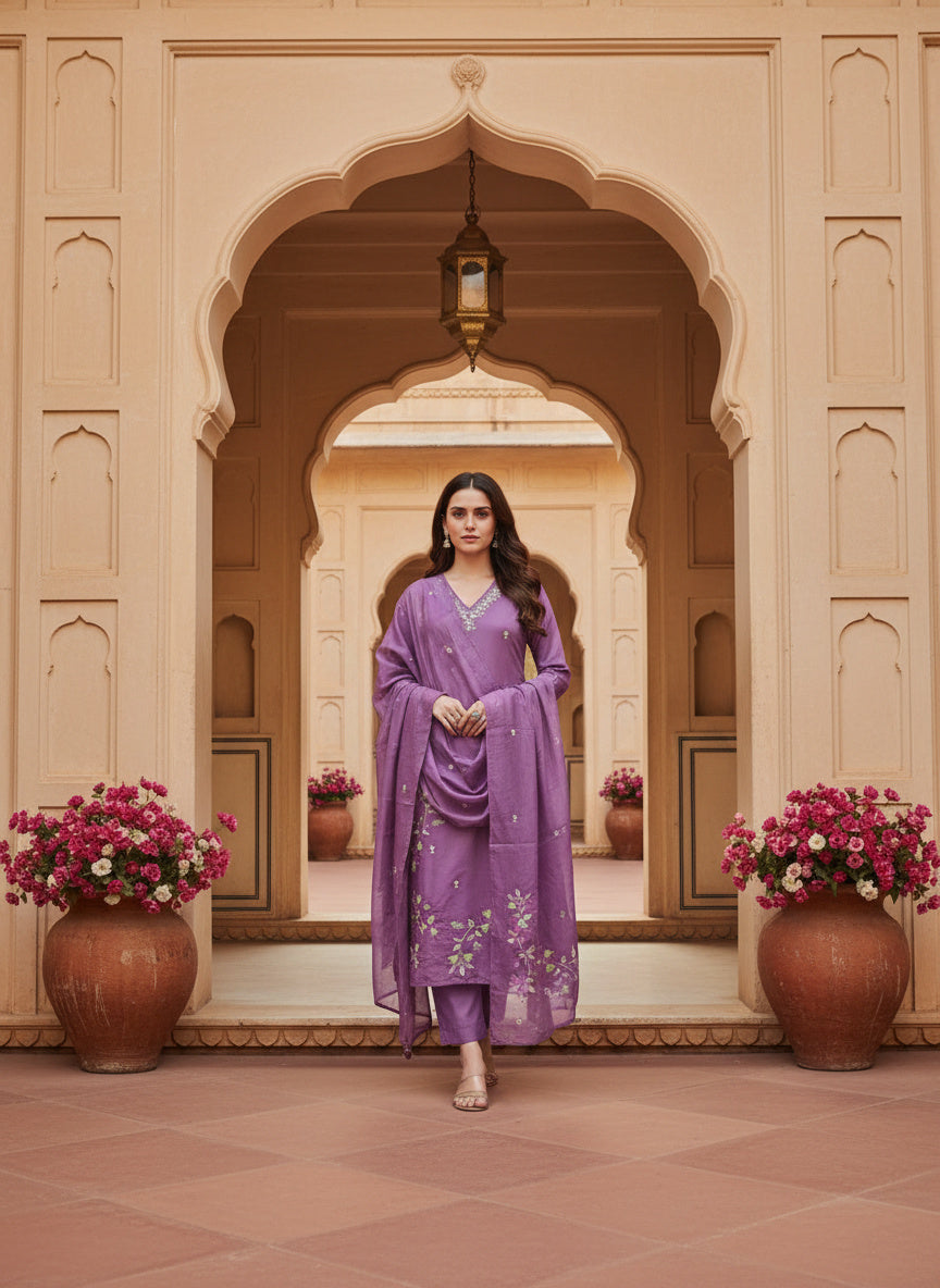Cotton Blend Kurta Set for Women - Lilac | MLWSHKS9288LVR