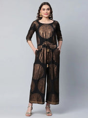 Black Crepe Copper Foil Printed Jumpsuit-AHKUCRFP-903-FF