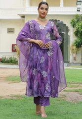 Women Purple  Embroidered Anarkali Kurta With Solid Pant & Dupatta-130-Vaas-Purple