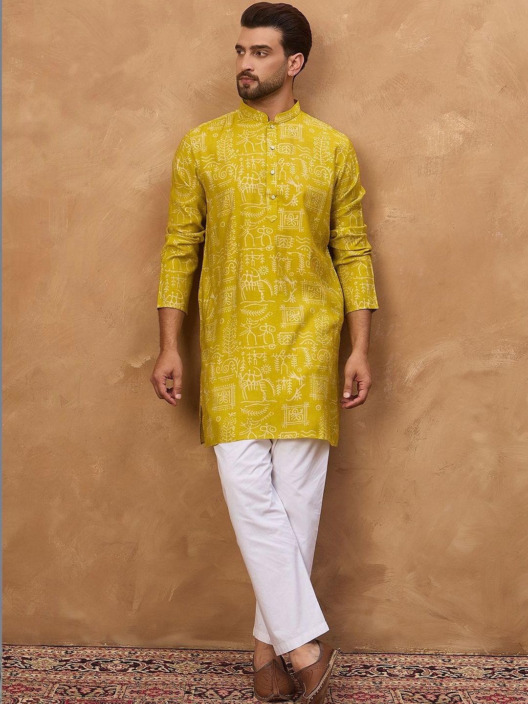 Ethnic Bay Men Yellow Viscose Rayon Ethnic Motifs Printed Straight Kurta With Pant Set-MKSET1542