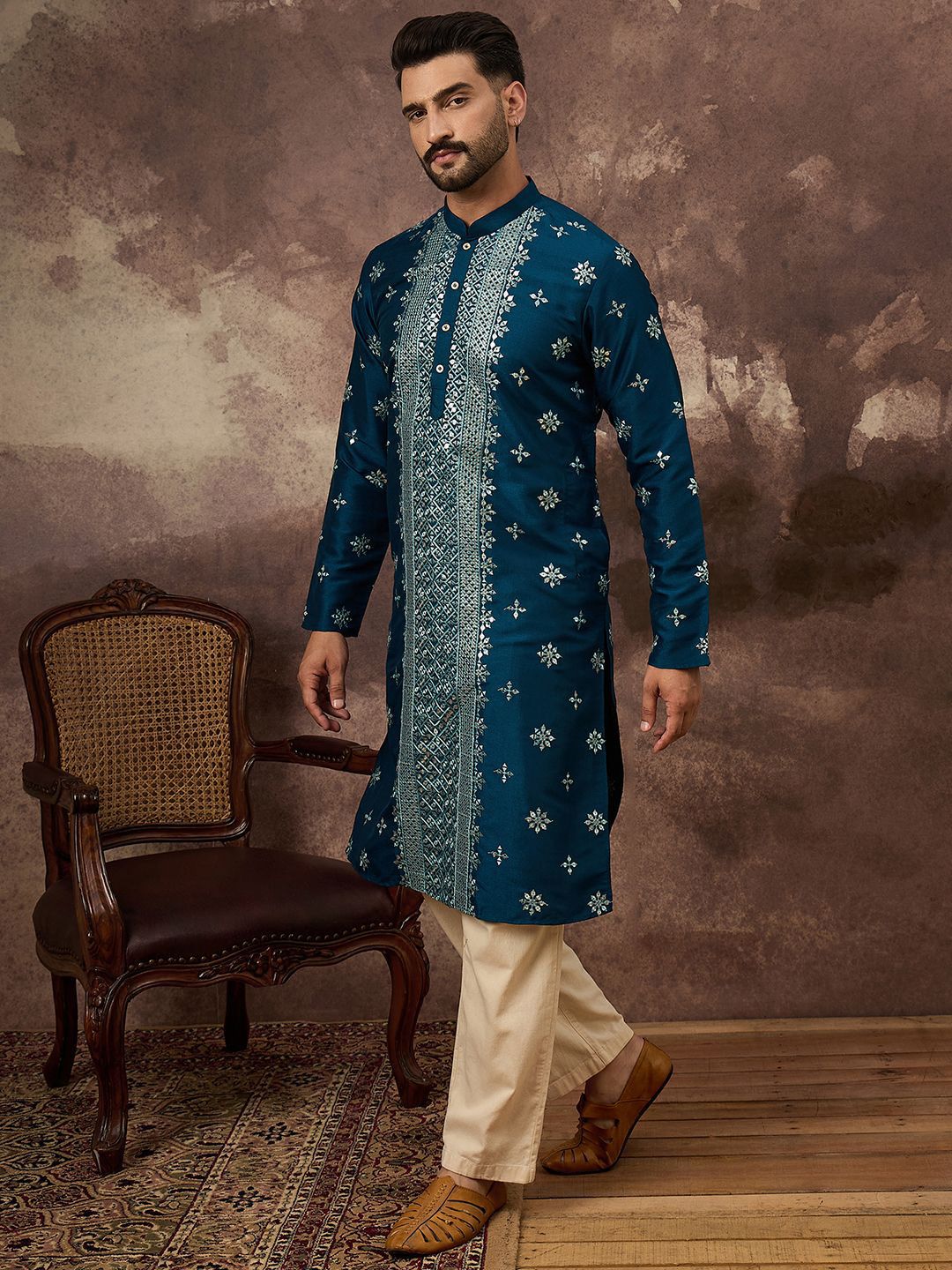Ethnic Bay Men Blue Silk Blend Solid Embroidered Straight Kurta With Pant Set-MKSET1371