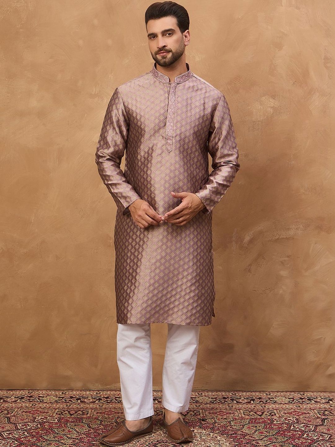 Ethnic Bay Men Mauve Silk Blend Solid Woven Design Straight Kurta With Pant Set-MKSET1458