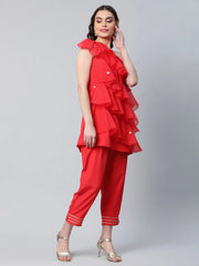 Red Printed Layered Organza Top with Trousers-AHKUPN-COMBO-322-FF