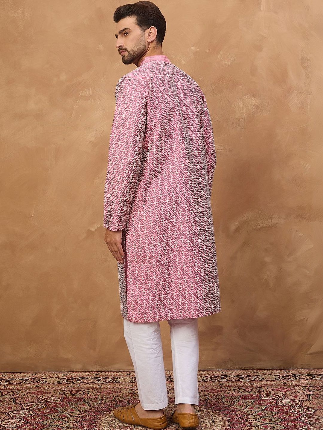 Ethnic Bay Men Pink Silk Blend Ethnic Motifs Printed Straight Kurta With Pant Set-MKSET1525