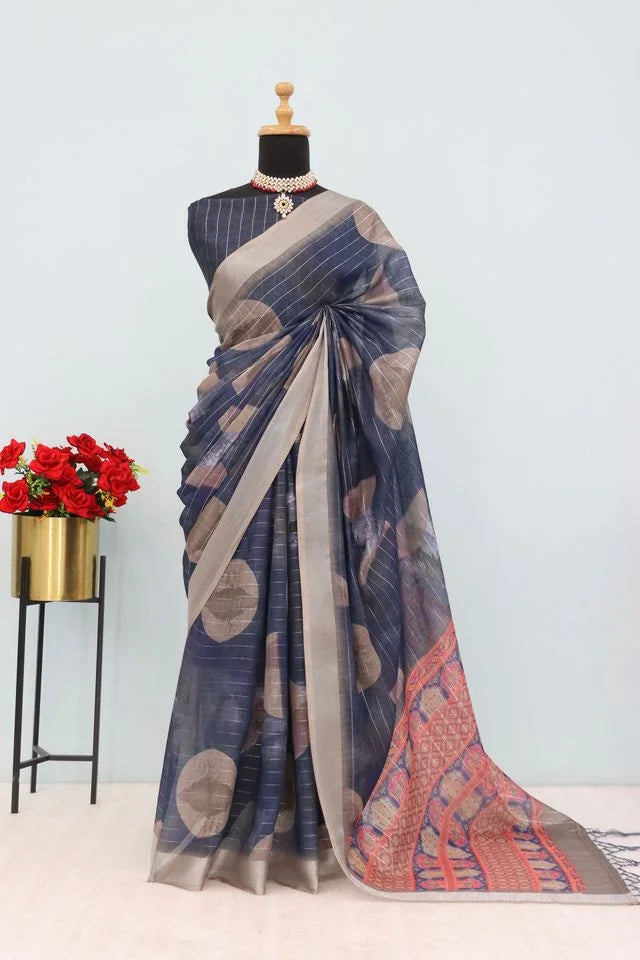 Linen Digital Print Blue Saree With Unstiched Blouse Piece