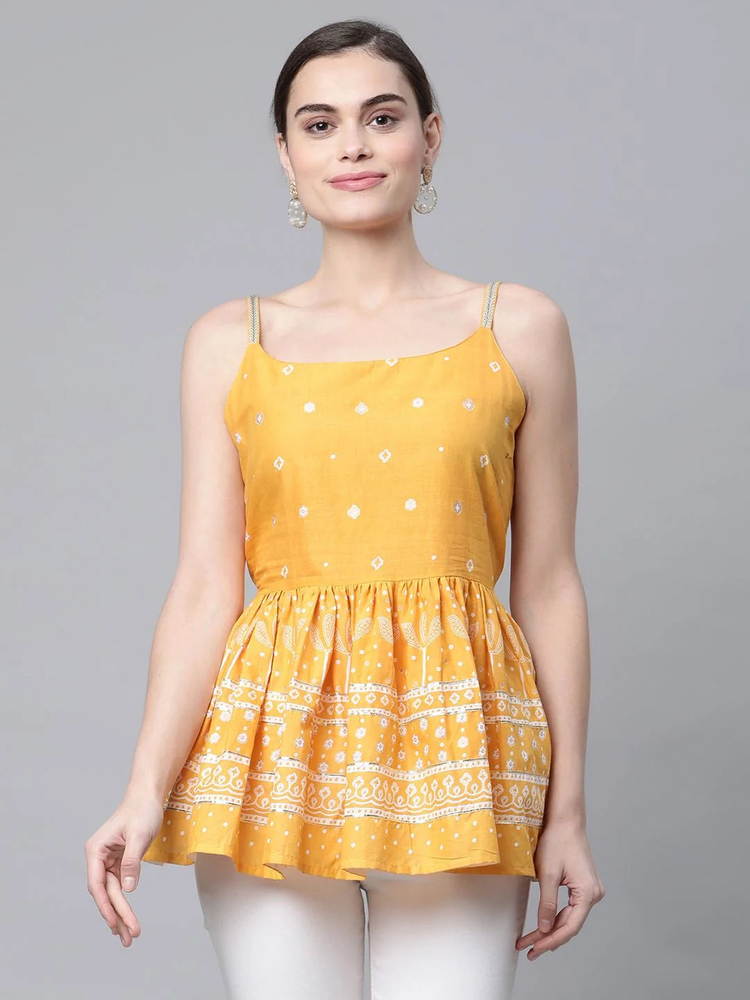 Mustard Cotton Printed Tunic Top - Indian Kurta for Women