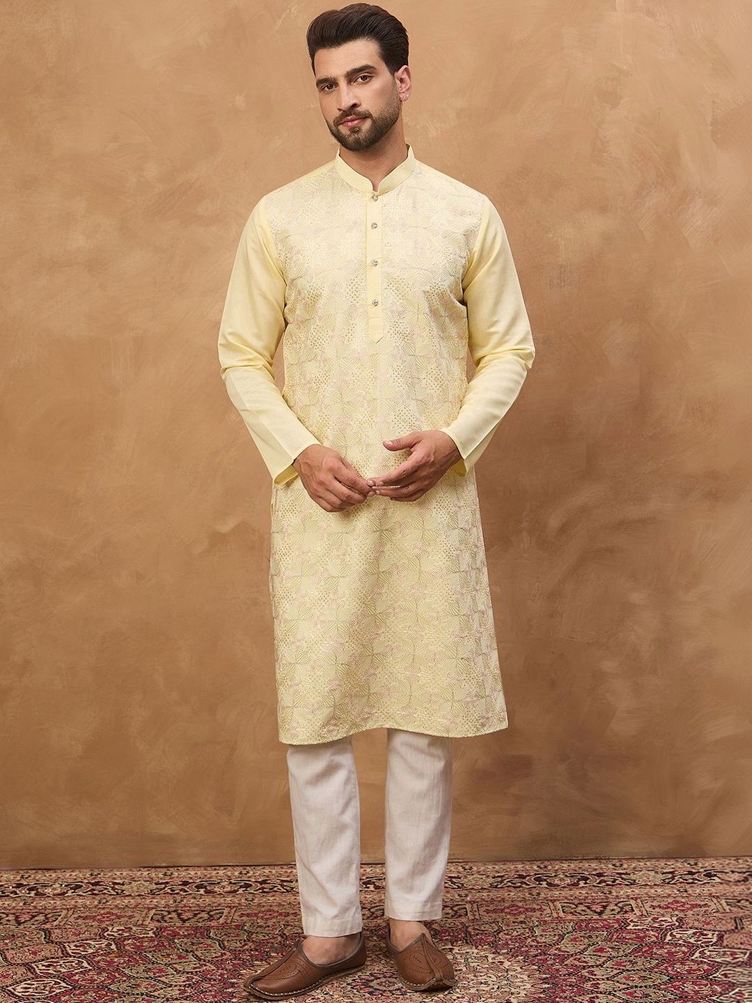 Ethnic Bay Men Yellow Silk Blend Solid Embroidered Straight Kurta With Pant Set-MKSET1467