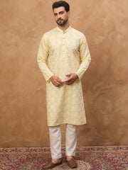 Ethnic Bay Men Yellow Silk Blend Solid Embroidered Straight Kurta With Pant Set-MKSET1467