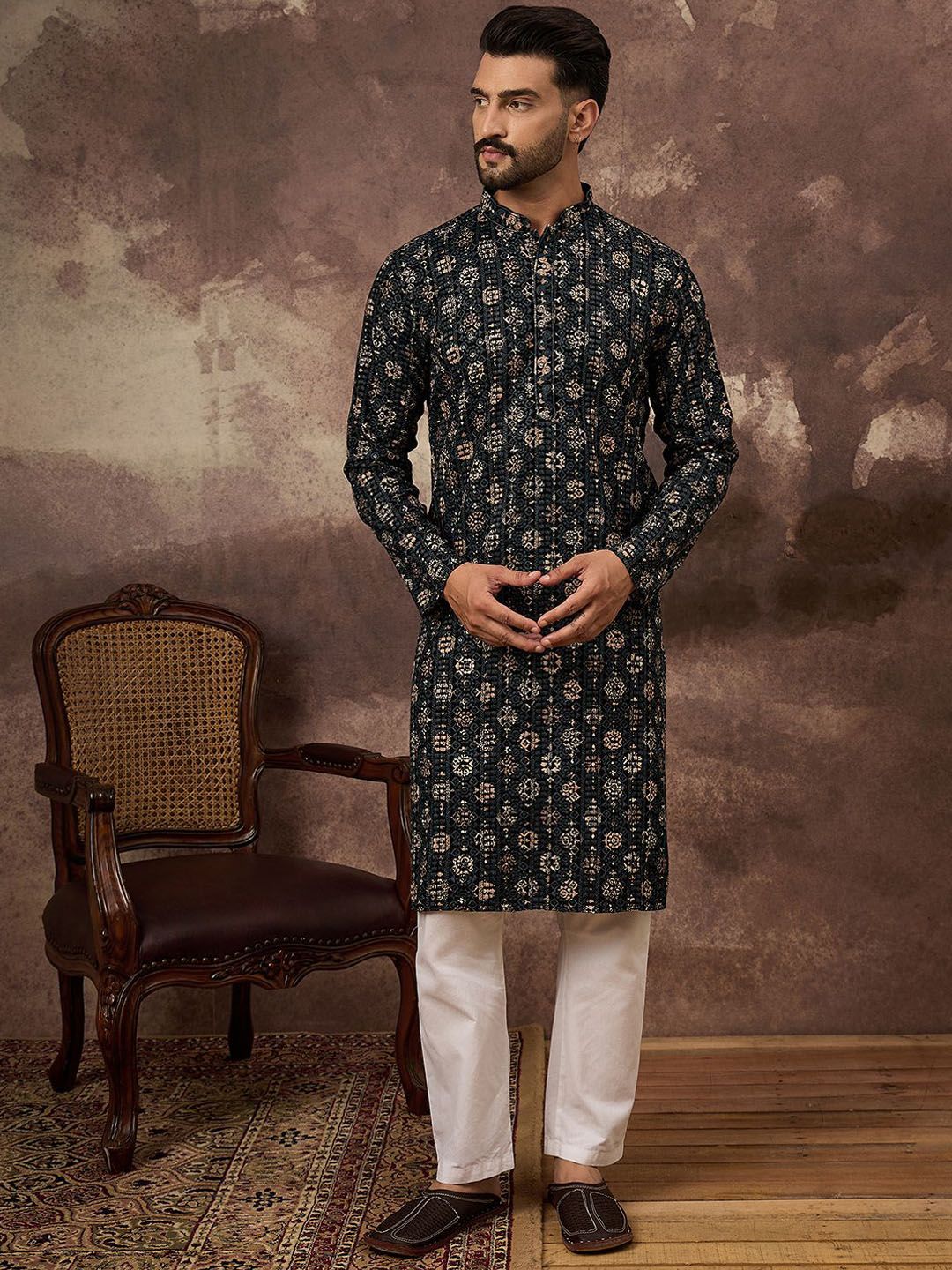 Ethnic Bay Men Black Viscose Rayon Geometric Embroidered Straight Kurta With Pant Set-MKSET1403