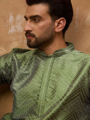 Ethnic Bay Men Green Silk Blend Geometric Printed Straight Kurta With Pant Set-MKSET1522