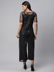 Black Crepe & Net Glitter Print Jumpsuit-AHJSNTGL-939-FF