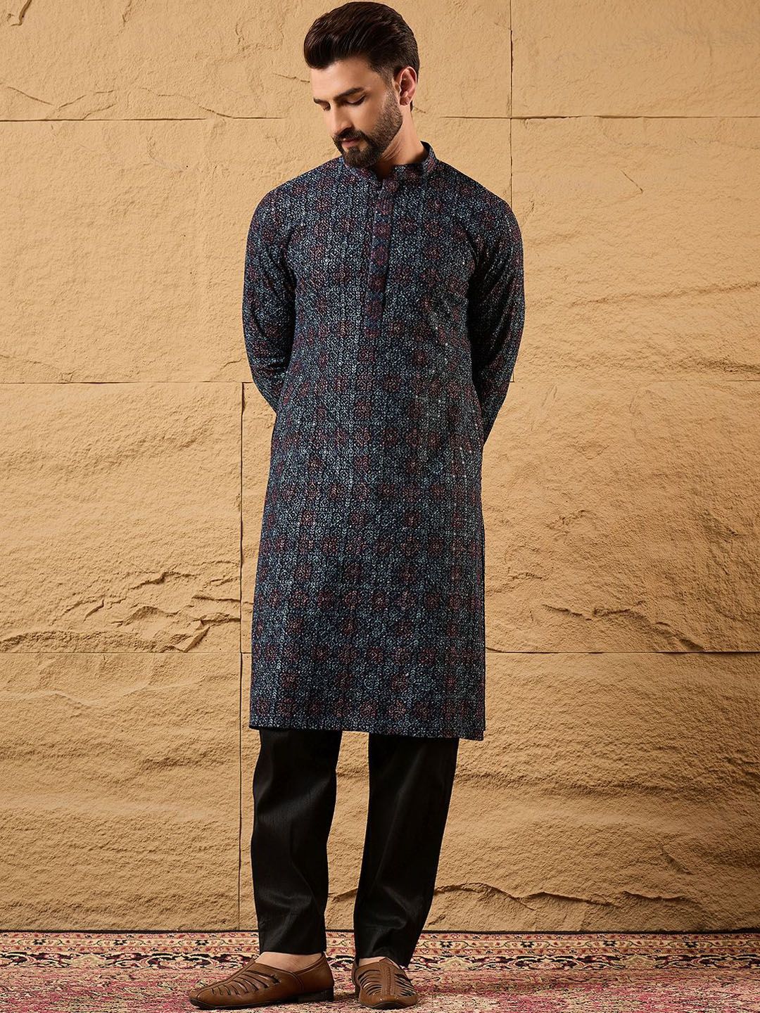Ethnic Bay Mens Blue Viscose Rayon Abstract Embroidered Chikankari Straight Kurta With Pant Set-MKSET1172