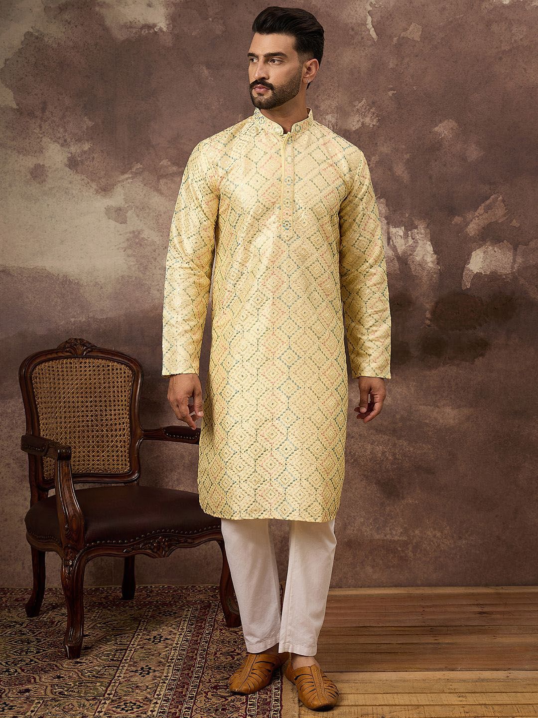 Ethnic Bay Men Yellow Silk Blend Solid Embroidered Straight Kurta With Pant Set-MKSET1383