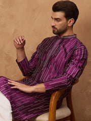 Ethnic Bay Men Purple Silk Blend Geometric Printed Straight Kurta With Pant Set-MKSET1518