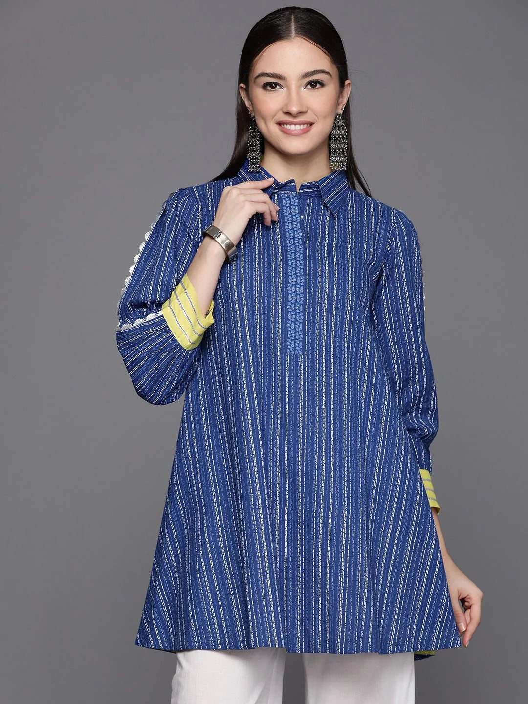 Blue Cotton Printed Tunic Top - Indian Kurta for Women