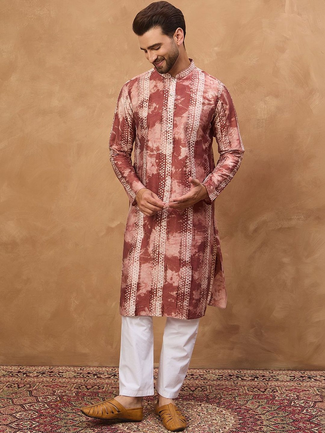 Ethnic Bay Men Brown Silk Blend Shibori Embroidered Straight Kurta With Pant Set-MKSET1539