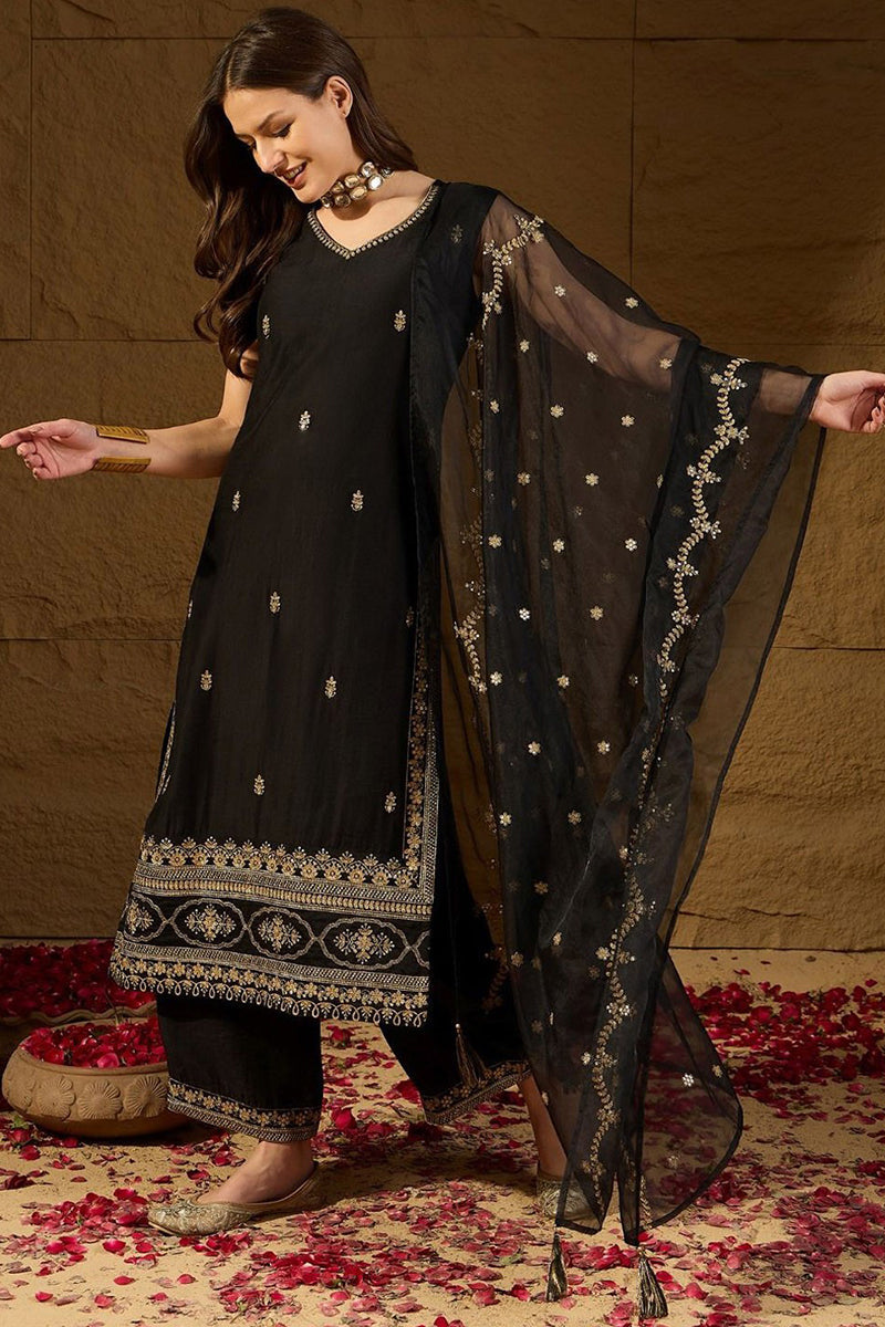 Black Silk Blend Embroidered Straight Kurta Palazzo With Dupatta HOPKS