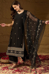 Black Silk Blend Embroidered Straight Kurta Palazzo With Dupatta HOPKSKD2722