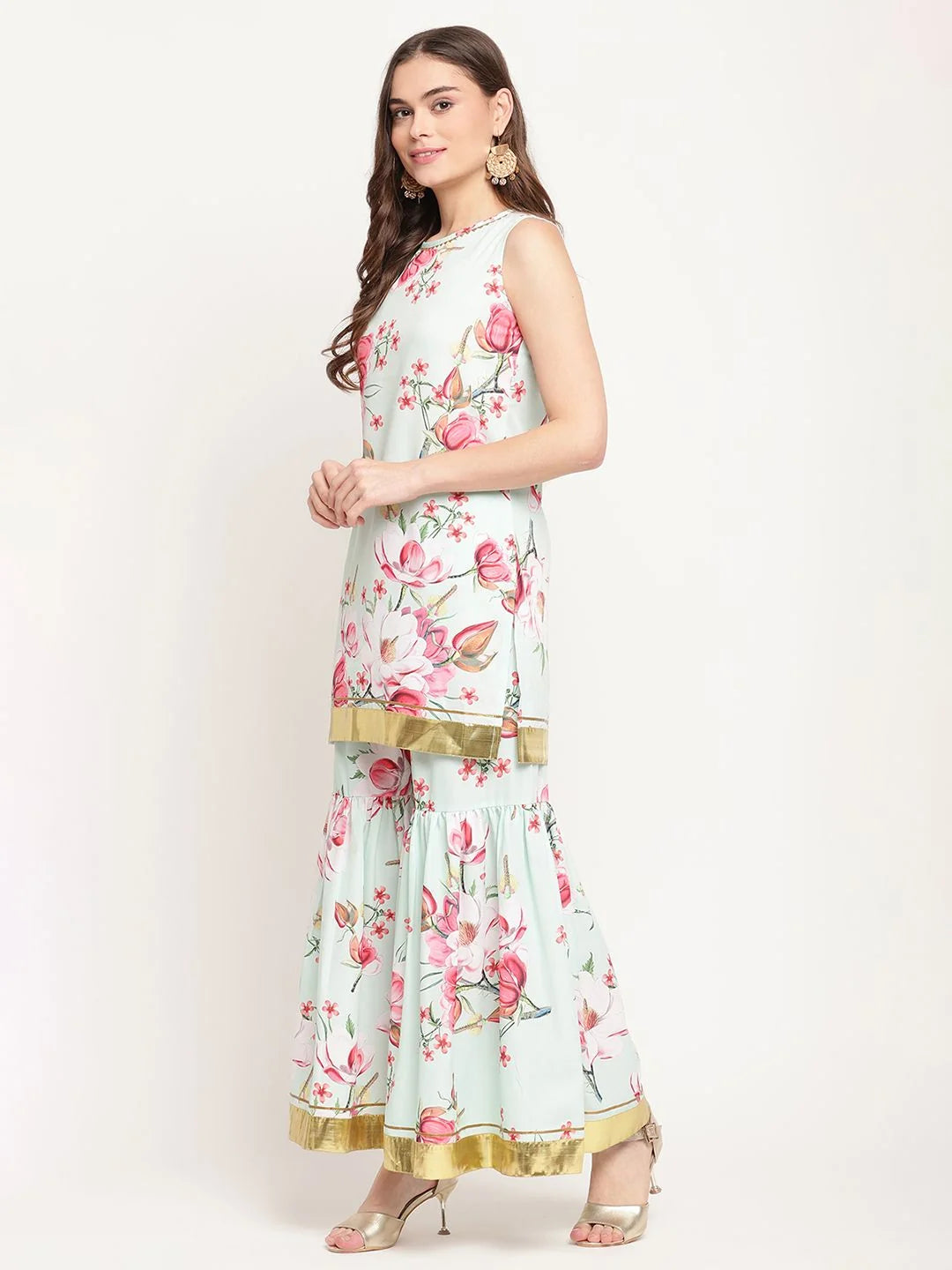 Mint Green Floral Print Sharara Set | Women's Designer Suit