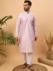 Ethnic Bay Men Lavender Silk Blend Solid Embroidered Straight Kurta With Pant Set-MKSET1447