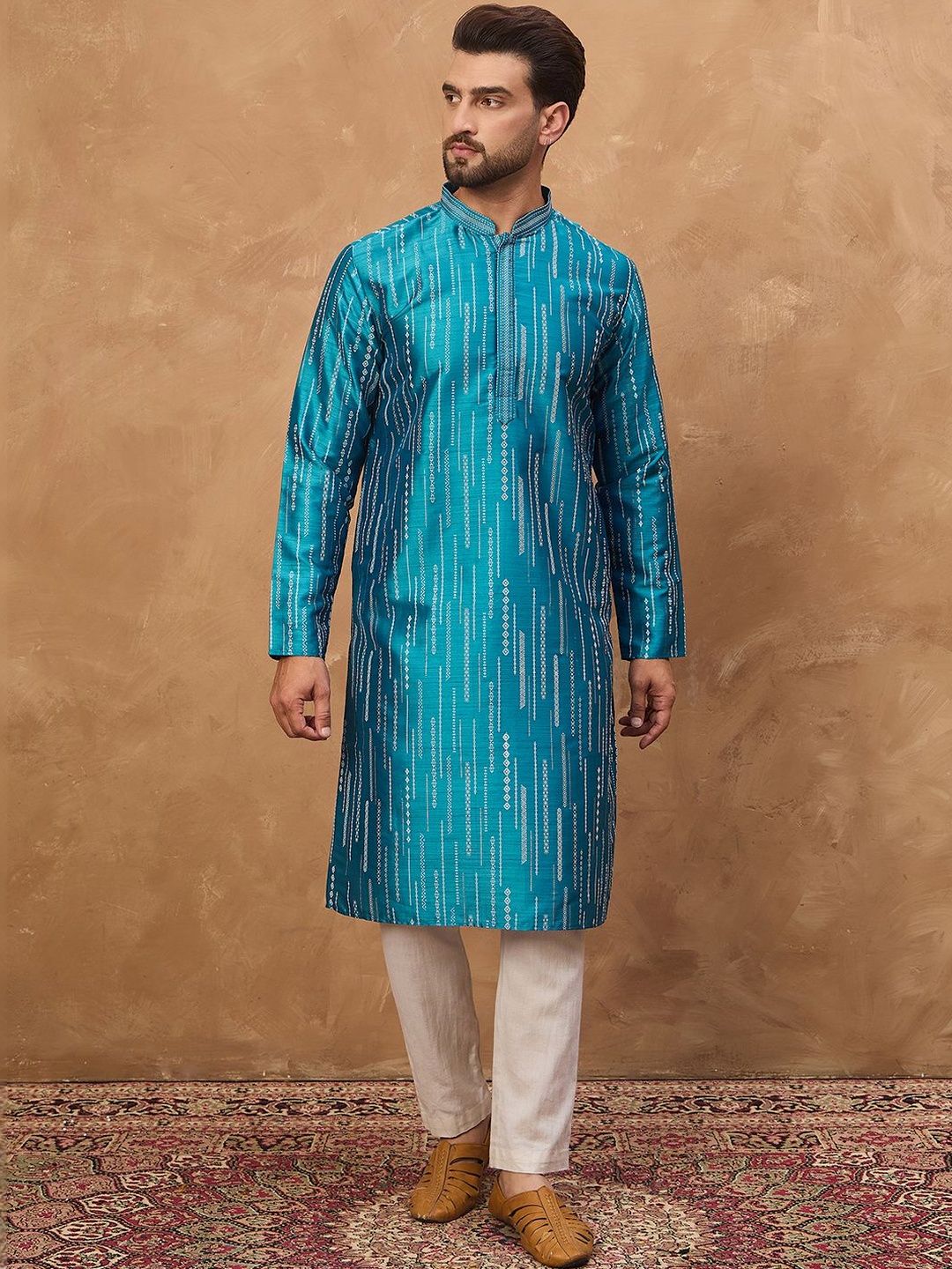 Ethnic Bay Men Blue Silk Blend Geometric Printed Straight Kurta With Pant Set-MKSET1519