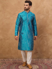 Ethnic Bay Men Blue Silk Blend Geometric Printed Straight Kurta With Pant Set-MKSET1519