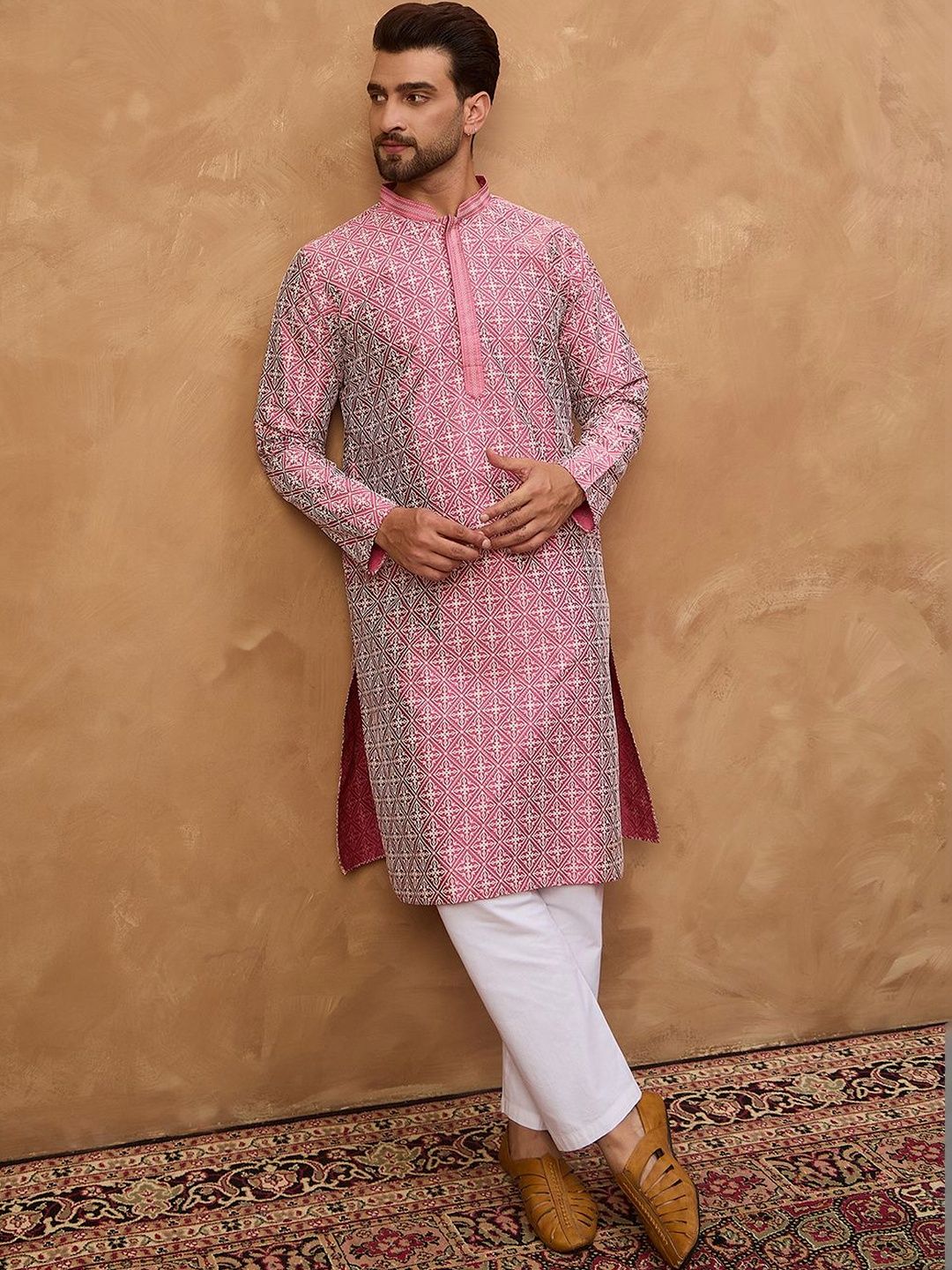 Ethnic Bay Men Pink Silk Blend Ethnic Motifs Printed Straight Kurta With Pant Set-MKSET1525