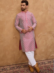 Ethnic Bay Men Pink Silk Blend Ethnic Motifs Printed Straight Kurta With Pant Set-MKSET1525