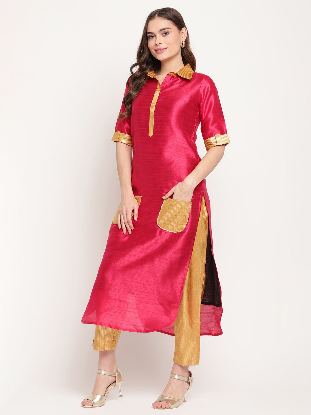 Dark Pink Poly Silk Printed Kurta Trouser Set | Indian Kurta Sets