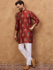 Ethnic Bay Men Red Viscose Rayon Ethnic Motifs Printed Straight Kurta With Pant Set-MKSET1544