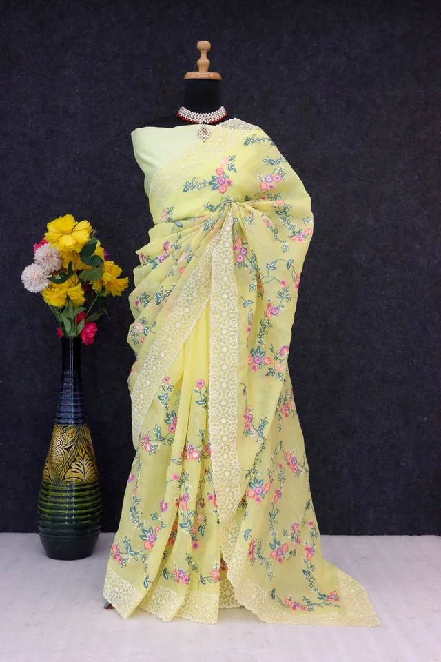 Embroidery Yellow Saree With Unstiched Blouse Piece
