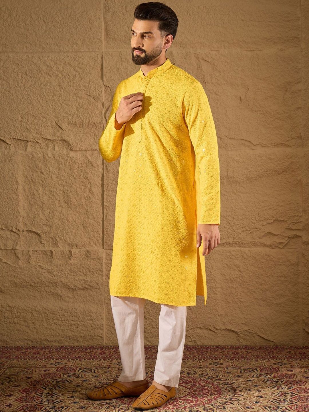 Ethnic Bay Men Yellow Viscose Rayon Solid Embroidered Straight Kurta With Pant Set-MKSET1212