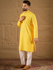 Ethnic Bay Men Yellow Viscose Rayon Solid Embroidered Straight Kurta With Pant Set-MKSET1212