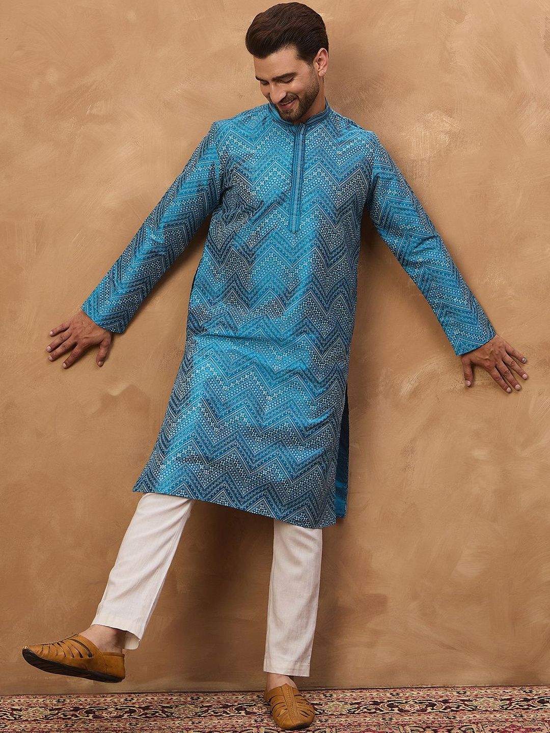 Ethnic Bay Men Blue Silk Blend Geometric Printed Straight Kurta With Pant Set-MKSET1531