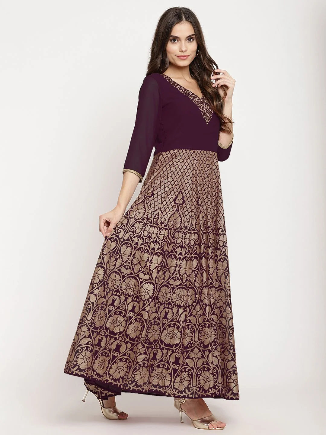 Wine Georgette Gold Foil Print Designer Kurta Set with Dupatta