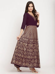 Wine Georgette Gold Foil Print Flared Kurta with Dupatta-AHKUDU-COMBO-408